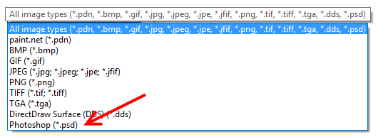 File type selector listbox, showing Photoshop (*.psd) as an option